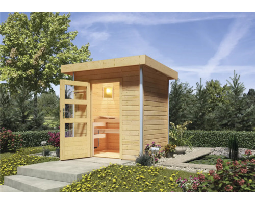 Chalet sauna Karibu Opal 1 sans poêle, avec portes en bois avec verre transparent