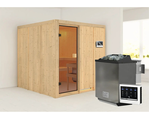 Sauna modulaire Karibu Oulu avec poêle bio 9 kW avec commande ext. sans couronne avec porte entièrement vitrée couleur bronze