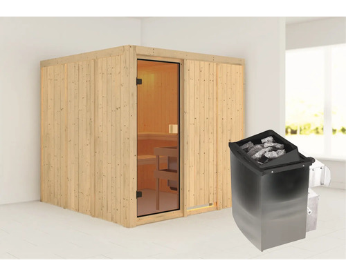 Sauna modulaire Karibu Oulu avec poêle 9 kW avec commande intégrée sans couronne avec porte entièrement vitrée couleur bronze