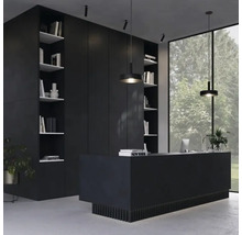 Bureau moderne avec mobilier noir, bibliothèques et suspensions