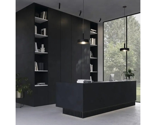 Bureau moderne avec mobilier noir, bibliothèques et suspensions