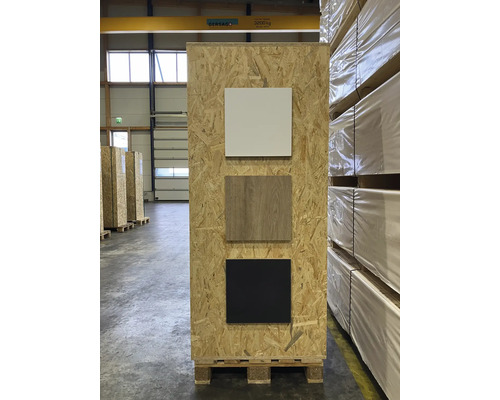 Tableau d'échantillons avec décor en bois en blanc, bois et noir pour le choix des matériaux.