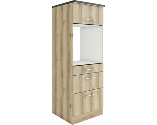 Armoire haute pour four avec tiroirs Livorno290 lxpxh 60 x 60 x 174,4 cm chêne sauvage structuré mat démonté tirant réversible (montage à gauche ou à droite)