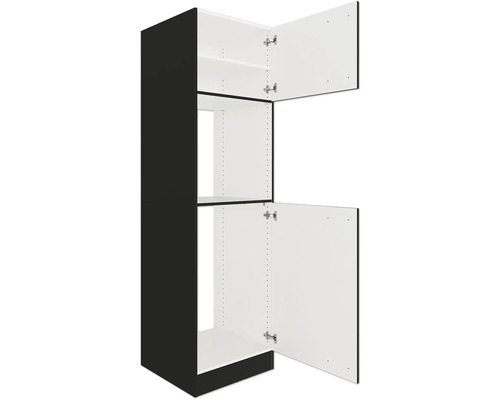 Armoire de cuisine avec portes ouvertes et étagères