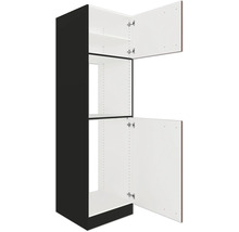 Meuble de cuisine avec portes ouvertes et étagères