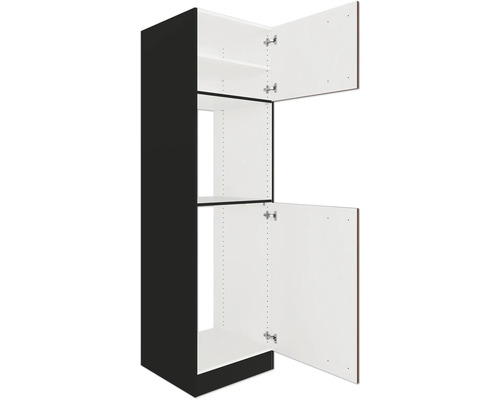 Meuble de cuisine avec portes ouvertes et étagères