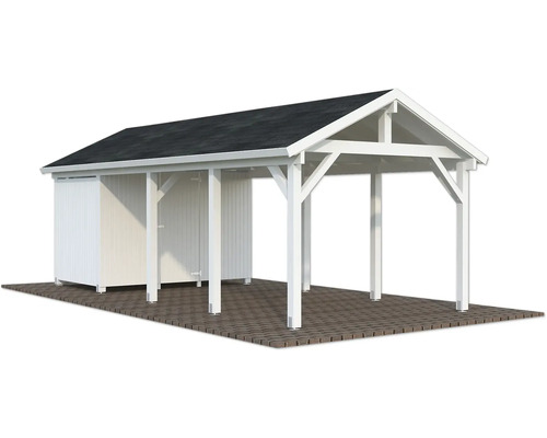 Carport simple Palmako Robert 23,1 m² avec abri à outils 315 x 732 cm blanc Carport avec remise en bois