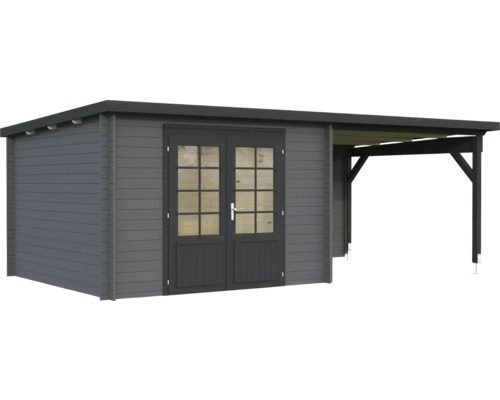 Abri de jardin Palmako Ella 8,7 + 8,2 m² 614 x 340 cm gris foncé anthracite Abri de jardin avec double porte et auvent