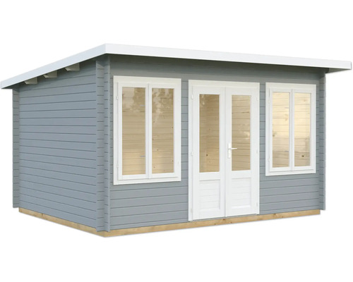 Gartenhaus Palmako Lisa 11,5 m² inkl. Fussboden 440 x 366 cm hellgrau-weiss Gartenhaus aus Holz mit Fenstern und Doppeltür