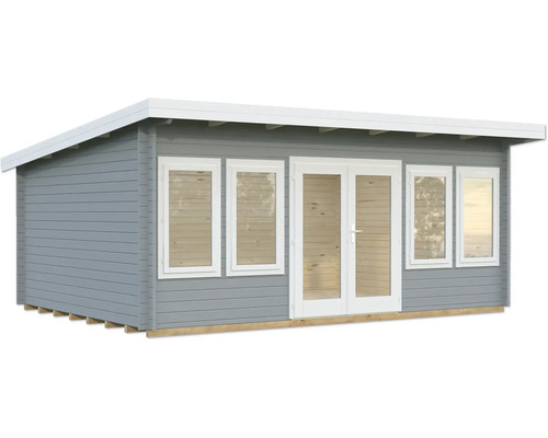 Gartenhaus Palmako Lisa 19,4 m² inkl. Fussboden 578 x 447 cm hellgrau-weiss Gartenhaus aus Holz mit Fenstern und Doppeltür