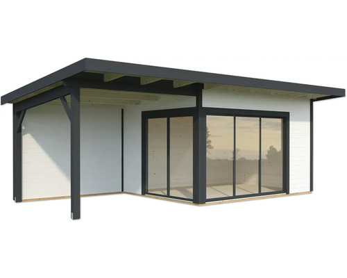 Abri de jardin moderne avec porte coulissante en verre et espace couvert