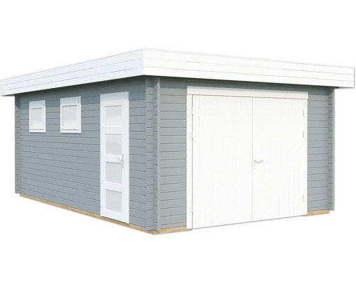 Garage simple Palmako Rasmus 19 m² avec portail en bois 420 x 598 cm gris clair Garage en bois avec double porte et fenêtres
