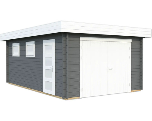 Garage simple Palmako Rasmus 19 m² avec portail en bois 420 x 598 cm gris foncé Tonnelle de jardin grise avec fenêtres et portes blanches