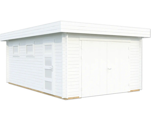 Garage simple Palmako Rasmus 19 m² avec portail en bois 420 x 598 cm blanc Abri de jardin blanc avec fenêtres et double porte