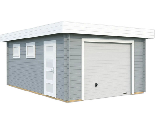 Einzelgarage Palmako Rasmus 19 m² mit Sektionaltor 420 x 598 cm hellgrau Holzgarage mit Rolltor und Seitentür
