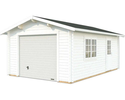 Garage simple Palmako Roger 19 m² avec porte sectionnelle bois 426 x 598 cm blanc Abri de jardin en bois avec porte de garage, fenêtre et porte