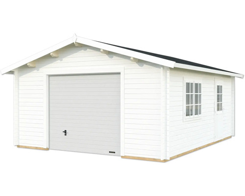 Garage simple Palmako Roger 23,9 m² avec porte sectionnelle 514 x 598 cm blanc Abri de jardin blanc avec porte de garage, fenêtres et porte