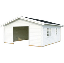 Abri de jardin en bois blanc avec entrée de garage, fenêtres et porte