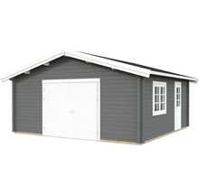 Graues Gartenhaus mit Doppeltür und Fenster