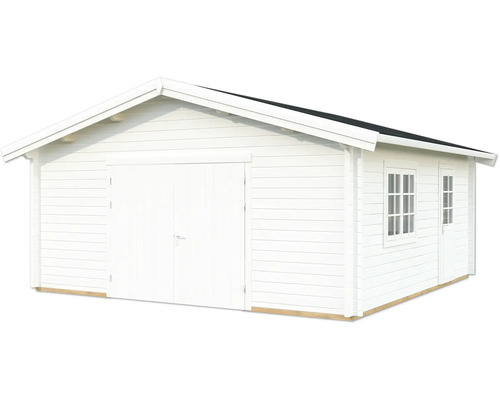 Abri de jardin blanc avec double porte et fenêtres