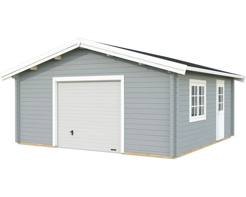 Garage simple Palmako Roger 27,7 m² avec portail sectionnel 622 x 596 cm gris clair-blanc