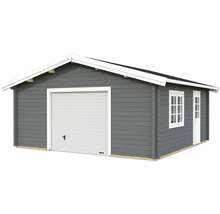 Graues Gerätehaus mit Garagentor, Fenster und Tür