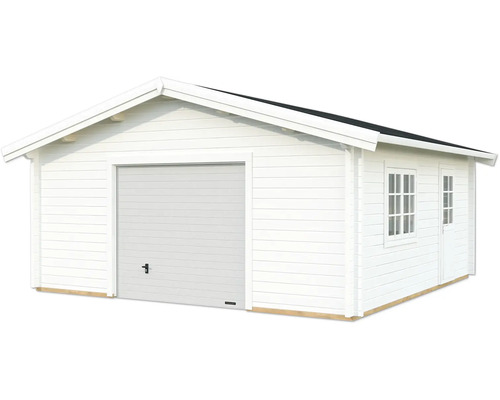 Garage simple Palmako Roger 27,7 m² avec portail sectionnel 622 x 596 cm blanc