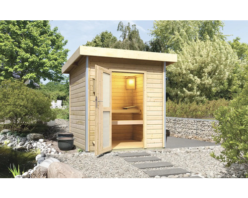 Chalet sauna Karibu Opal 2 sans poêle, avec porte en bois avec verre opale