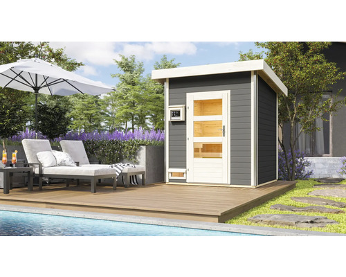 Saunahaus Karibu Opal 2 inkl.9 kW Ofen u.ext.Steuerung mit Holztüre und Klarglas terragrau/weiss Saunahaus Karibu Opal 2 inkl.9 kW Ofen u.ext.Steuerung mit Holztüre und Klarglas terragrau/weiss