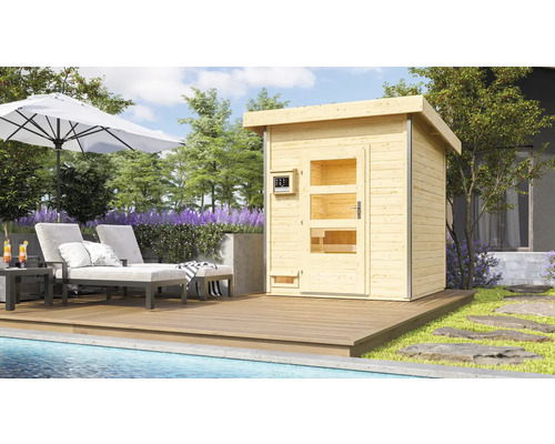 Chalet sauna Karibu Opal 2 avec poêle 9 kW et commande externe, avec portes en bois avec verre transparent