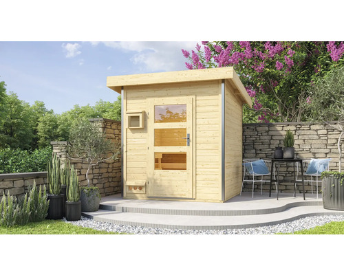 Chalet sauna Karibu Opal 2 sans poêle, avec porte en bois avec verre transparent