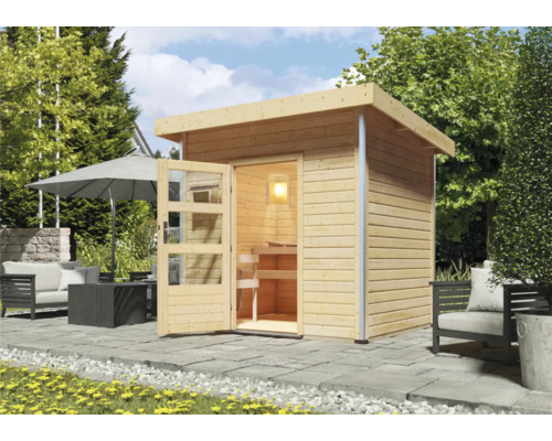 Chalet sauna Karibu Opal 4 sans poêle, avec portes en bois avec verre transparent