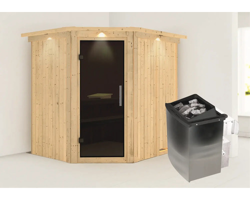 Sauna modulaire Karibu Petalit avec poêle 9 kW et commande intégrée, avec couronne et porte entièrement vitrée coloris graphite