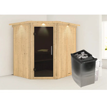 Sauna d''angle avec porte en verre et poêle de sauna