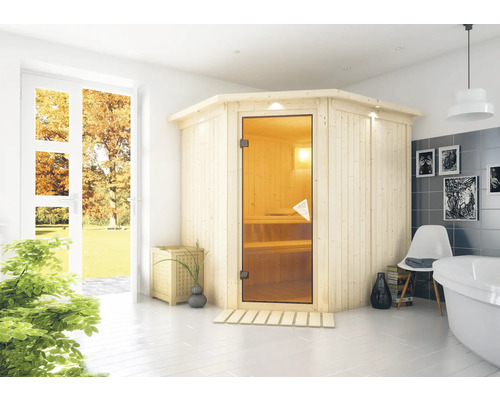 Sauna modulaire Karibu Petalit sans poêle, avec couronne et porte vitrée coloris bronze