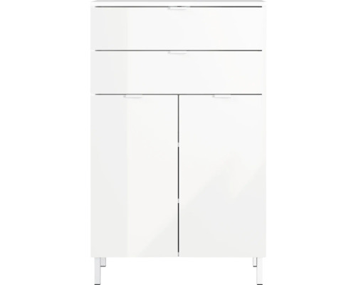 Weißer Badschrank mit zwei Schubladen und zwei Türen
