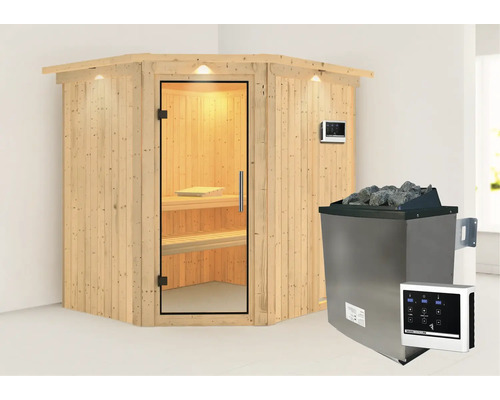 Sauna modulaire Karibu Siirina avec poêle 9 kW et commande externe, avec couronne et porte entièrement vitrée en verre transparent