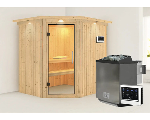 Sauna modulaire Karibu Siirina avec poêle Bio 9 kW et commande externe, avec couronne et porte entièrement vitrée en verre transparent