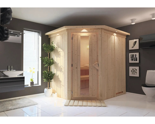 Sauna modulaire Karibu Petalit sans poêle, avec couronne et porte bois avec verre isolé thermiquement