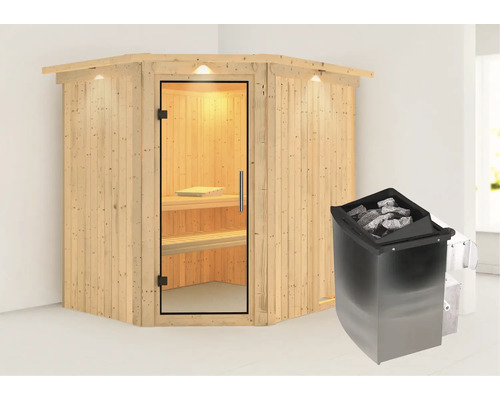 Sauna modulaire Karibu Siirina avec poêle 9 kW et commande intégrée, avec couronne et porte entièrement vitrée en verre transparent