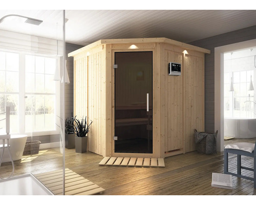 Sauna modulaire Karibu Piemon avec poêle bio 9 kW et commande externe, avec couronne et porte entièrement vitrée coloris graphite