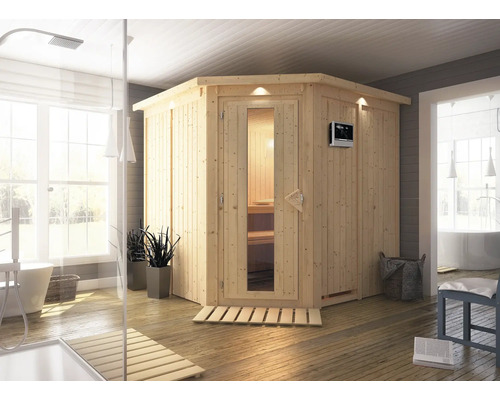 Sauna modulaire Karibu Piemon avec poêle bio 9 kW et commande externe, avec couronne et porte en bois avec verre isolant thermique