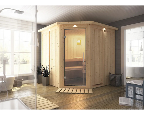 Sauna modulaire Karibu Piemon sans poêle, avec couronne, avec porte entièrement vitrée en verre transparent