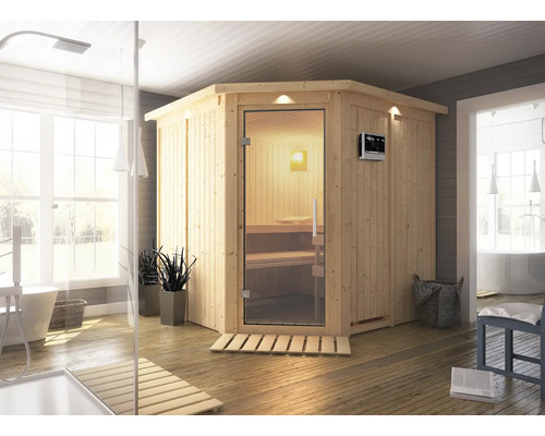 Sauna modulaire Karibu Piemon avec poêle Bio 9 kW et commande externe, avec couronne et porte entièrement vitrée en verre transparent