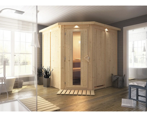 Sauna modulaire Karibu Piemon sans poêle, avec couronne et porte en bois avec verre isolé thermiquement