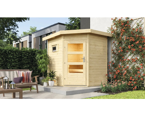 Chalet sauna Karibu Rubin 1 avec poêle 9 kW et commande externe, avec portes en bois avec verre transparent