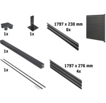 Einzelteile eines Zaunsystems, inklusive Pfostenfuß, Pfosten, Profilen mit den Maßen 1797 x 230 Millimeter und 1797 x 276 Millimeter sowie Zubehör