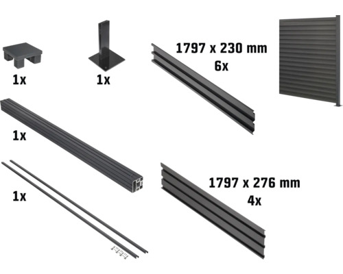 Steckzaun-Erweiterungsset floraworld profiliert zum Aufdübeln 180 x 180 cm anthrazit Einzelteile eines Zaunsystems, inklusive Pfostenfuß, Pfosten, Profilen mit den Maßen 1797 x 230 Millimeter und 1797 x 276 Millimeter sowie Zubehör
