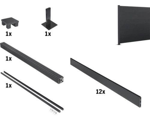 Steckzaun-Erweiterungsset floraworld Aluminium zum Aufdübeln 180 x 180 cm anthrazit Einzelteile eines Sichtschutzzaun-Sets, bestehend aus Pfostenfuss, Pfostenanker, Querverstrebung, Abschlussleisten und Zaunelementen