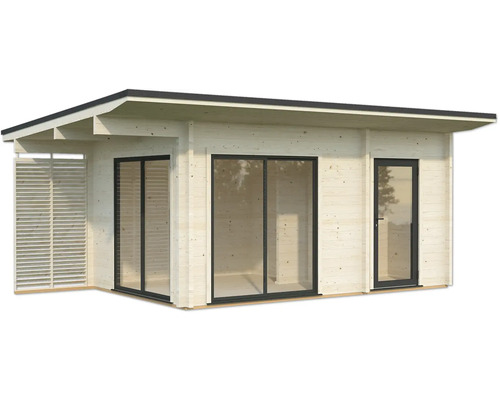 Maison de jardin en bois avec portes coulissantes et paroi à lamelles